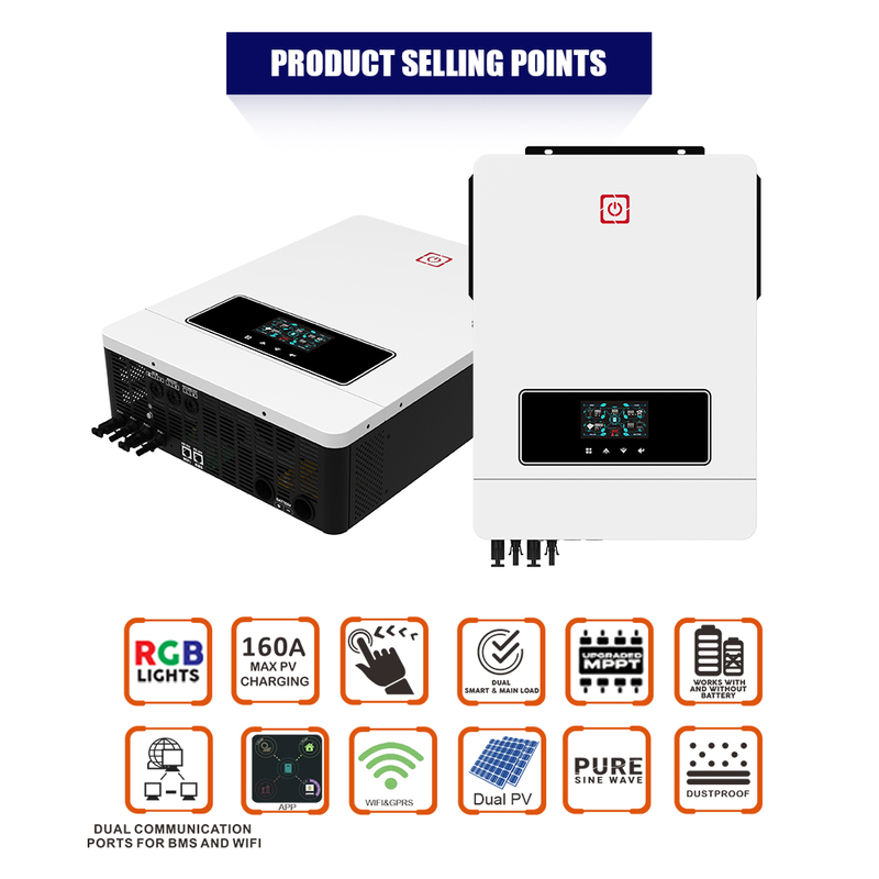 EIN/AUS-Solarwechselrichter MAX DUAL PV 10,2 kW 160 A MPPT Duale Kommunikationsanschlüsse für Batteriekommunikation und WLAN-Kommunikation