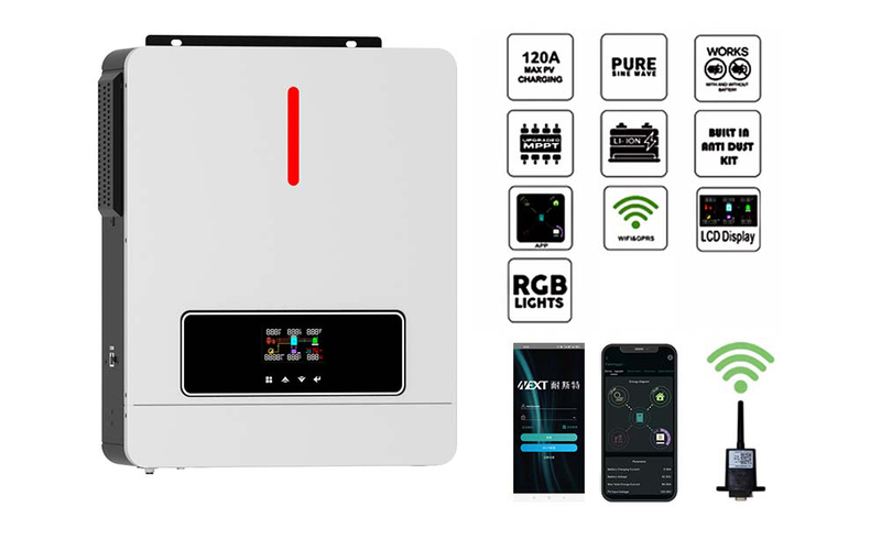 Factory ECO 3,6 kW On/Off-Grid-Solar-Wechselrichter 60-500 VDC 120 A MPPT-Laderegler RGB-Licht 